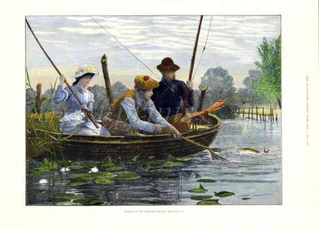 FISHING ON THE NORFOLK BROADS fishing print 1885 